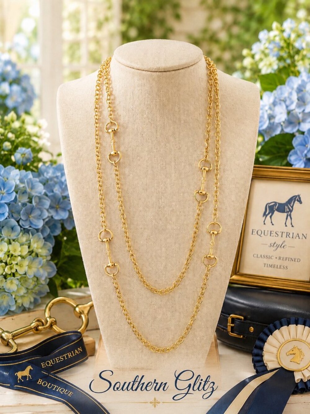 Gold Equestrian Snaffle Bit Necklace, Long Layered Horse Bit Chain, Elegant Hors
